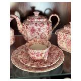 Antique Red Transferware Tea Set Lot Teapot Plates Cups Sugar