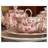 Antique Red Transferware Tea Set Lot Teapot Plates Cups Sugar