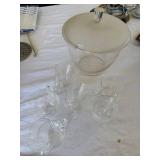 Vintage Etched Glass Punch Bowl Set w Lid & 6 Cups MCM Atomic