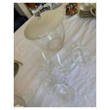 Vintage Etched Glass Punch Bowl Set w Lid & 6 Cups MCM Atomic
