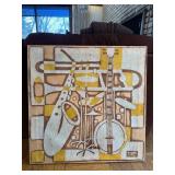 Vintage Abstract Batik Textile Wall Art Music Instruments Signed 24in