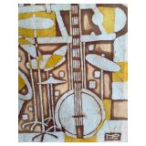Vintage Abstract Batik Textile Wall Art Music Instruments Signed 24in