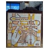Vintage Abstract Batik Textile Wall Art Music Instruments Signed 24in