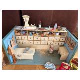 Vintage German Folk Art Toy Grocery Store w Drawers & Accessories and Storage Trunk