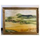 Signed Original Oil Landscape Painting Framed Village Wheat Field Art