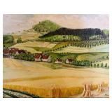 Signed Original Oil Landscape Painting Framed Village Wheat Field Art