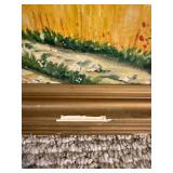 Signed Original Oil Landscape Painting Framed Village Wheat Field Art