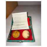 Chinese Stone Healthy Ball Set in Brocade Box w/ Insert Used