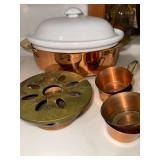 Vintage Copper Tone Casserole Chafer Set w Milk Glass Lid Insert Cups