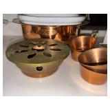 Vintage Copper Tone Casserole Chafer Set w Milk Glass Lid Insert Cups