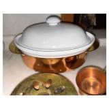 Vintage Copper Tone Casserole Chafer Set w Milk Glass Lid Insert Cups
