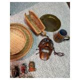 Mixed Vintage Decor Lot Mask Ornaments Baskets Plate Mug Folk Art