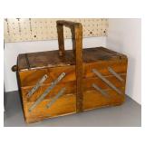 Vintage Wooden Cantilever Sewing Box w/ Handle & Contents, Used