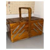 Vintage Wooden Cantilever Sewing Box w/ Handle & Contents, Used