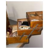 Vintage Wooden Cantilever Sewing Box w/ Handle & Contents, Used