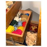 Vintage Wooden Cantilever Sewing Box w/ Handle & Contents, Used