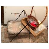 Vintage Wicker Basket Lot w/ Metal Stand Handle Basket & Wood Tray