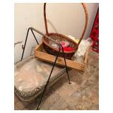 Vintage Wicker Basket Lot w/ Metal Stand Handle Basket & Wood Tray