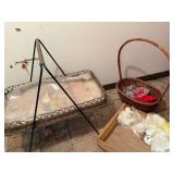 Vintage Wicker Basket Lot w/ Metal Stand Handle Basket & Wood Tray