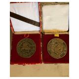Chinese Cast Metal Dragon & Bird Medallions in Brocade Boxes Pair