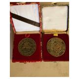 Chinese Cast Metal Dragon & Bird Medallions in Brocade Boxes Pair