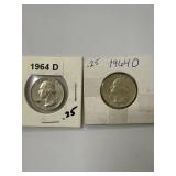 Two 1964 D Silver Quarters