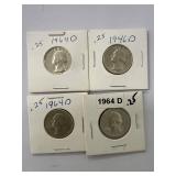 Four 1964 D Silver Quarters