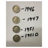 Four Silver Roosevelt Dimes