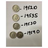 Five Silver Roosevelt Dimes