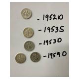 Five Silver Roosevelt Dimes