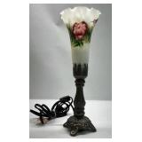 Vintage Hand Painted Glass Floral Table Lamp Metal Base Accent Lighting