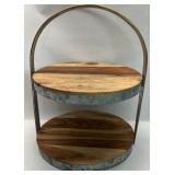 Two Tier Wood Metal Serving Tray Stand Round Farmhouse Tabletop Organizer