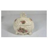 Floral Porcelain Trinket Box Footed Jewelry Dish Pink Rose Lidded Vanity Box