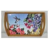 Wood Serving Tray with Ceramic Tile Hummingbird Floral Design Handles