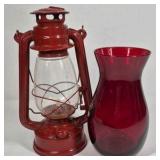 Red Metal Lantern Clear Glass Hurricane Lamp Red Glass Vase Decor Pair