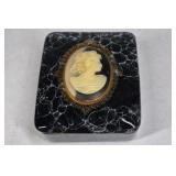 Vintage Style Cameo Jewelry Trinket Box Black Marble Look Hinged Case