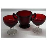 Ruby Red Glass Creamer Sugar Bowl Pedestal Cups Set Vintage Style