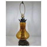 Vintage Amber Glass Table Lamp Embossed Pattern Black Base Mid Century Style
