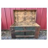 Antique Wood Steamer Trunk Flat Top Chest Green Slat Metal Hardware