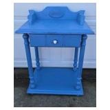 Vintage Blue Wood Side Table Washstand Drawer Shelf Floral Back Splash
