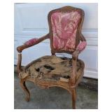 French Provincial Style Upholstered Armchair Wood Frame Pink Damask Accent Chair