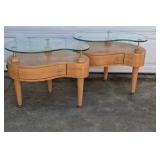 Pair Modern Wood End Tables Glass Top Wavy Design Drawer Accent Tables