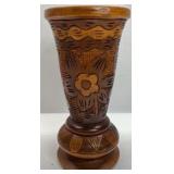 Vintage Hand Carved Wood Vase Floral Pattern Decorative Piece