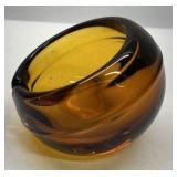 Vintage Amber Glass Ashtray Round Heavy Retro Design