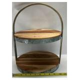 Two Tier Wood Metal Serving Tray Stand Round Farmhouse Tabletop Organizer