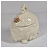 Floral Porcelain Trinket Box Footed Jewelry Dish Pink Rose Lidded Vanity Box