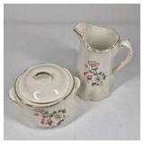 Floral Porcelain Creamer Sugar Bowl Set Gold Trim Vintage Tableware