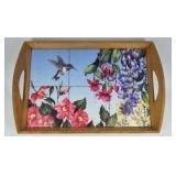 Wood Serving Tray with Ceramic Tile Hummingbird Floral Design Handles