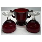 Ruby Red Glass Creamer Sugar Bowl Pedestal Cups Set Vintage Style
