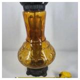 Vintage Amber Glass Table Lamp Embossed Pattern Black Base Mid Century Style